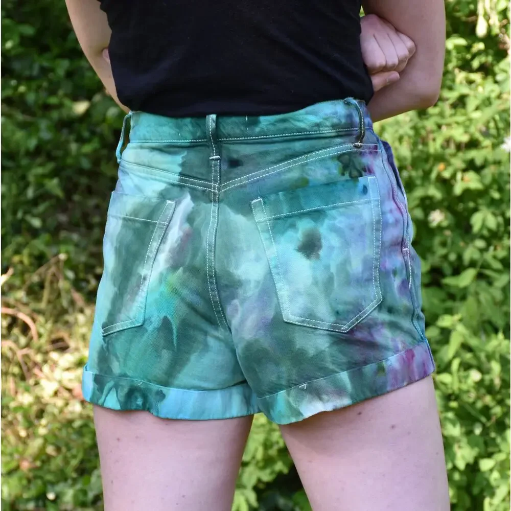 Ice Dyed Denim Shorts - High-rise Pleated - Upcycled - Jade Purple (Women's 27)